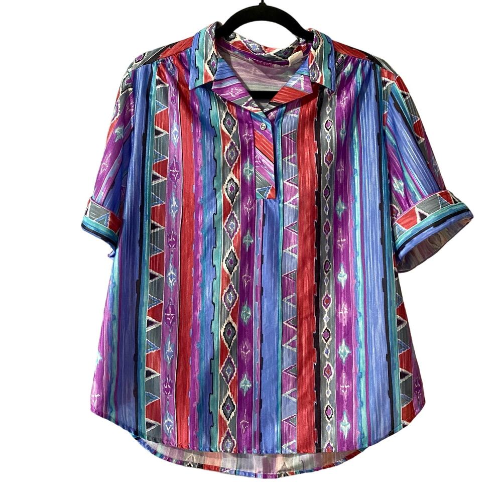 Priority One Vintage Women’s size 18 Aztec Print Cuffed Top Blouse